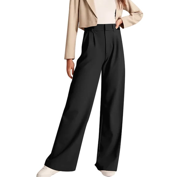 BOMYJESK High Waisted Pants for Women Office Wide Leg Dress Pants 2026 Dressy Casual Outfits Straight Trousers with Pockets Black L
