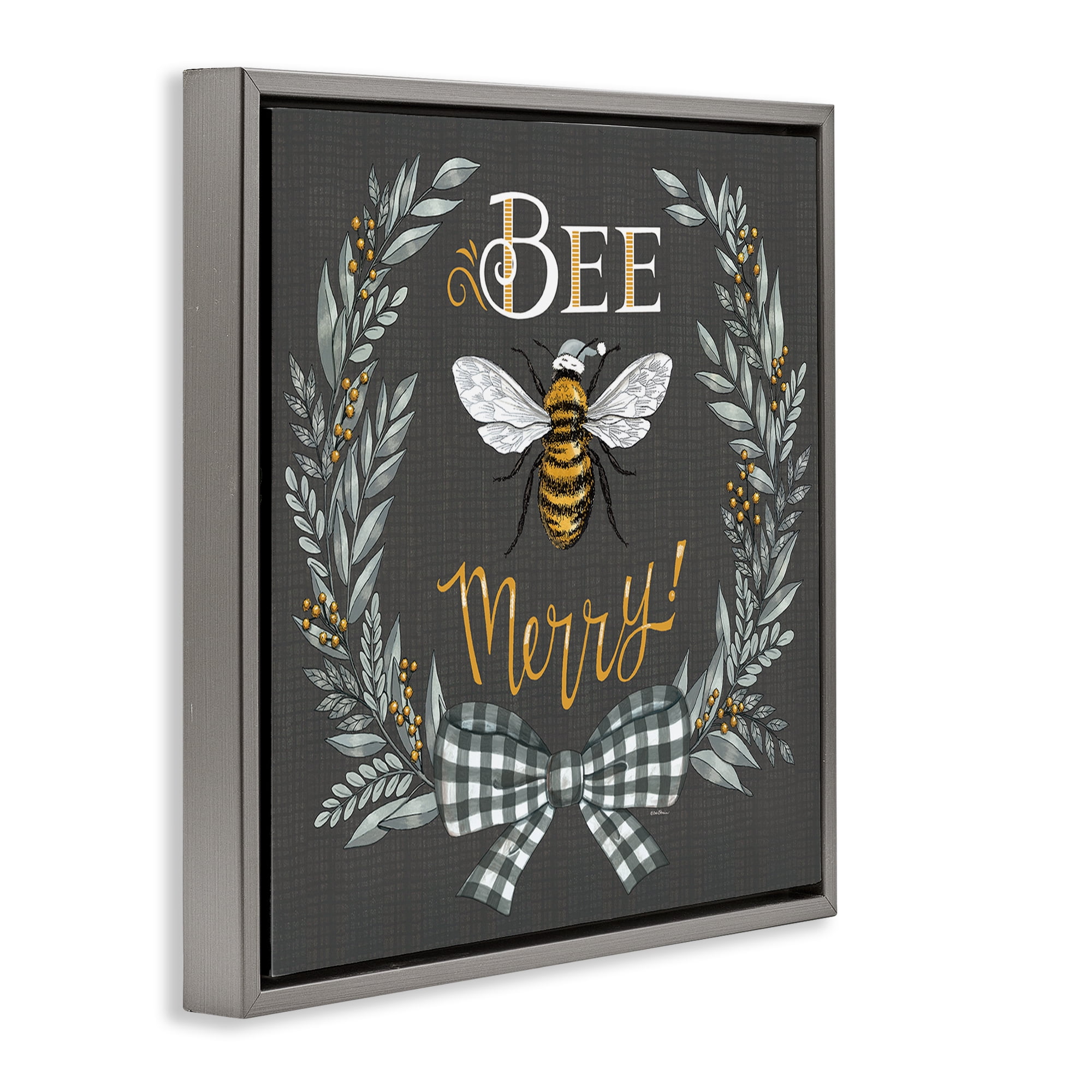 Stupell Industries Bee Merry with Garland Plants & Flowers Painting Gray Floater Framed Canvas Art Print Wall Art, 18 x 18