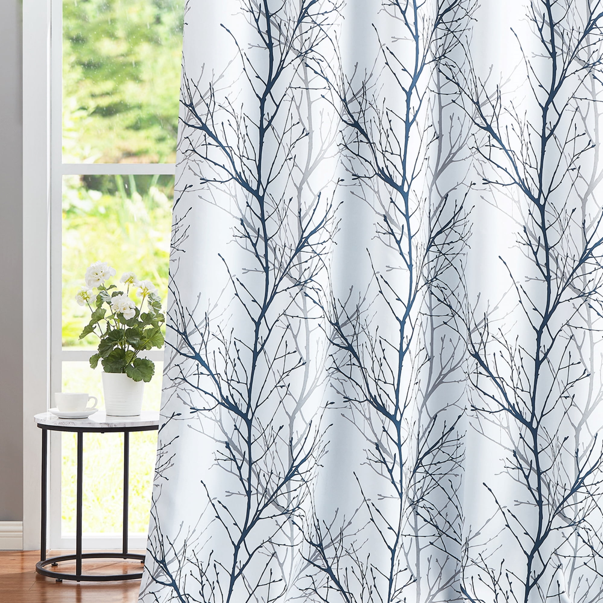 Decoultimatex Blue White Branch Blackout Curtains for Bedroom Triple Weave Energy Saving Full Blackout Window Curtains for All Seasons, 52"x96"x2
