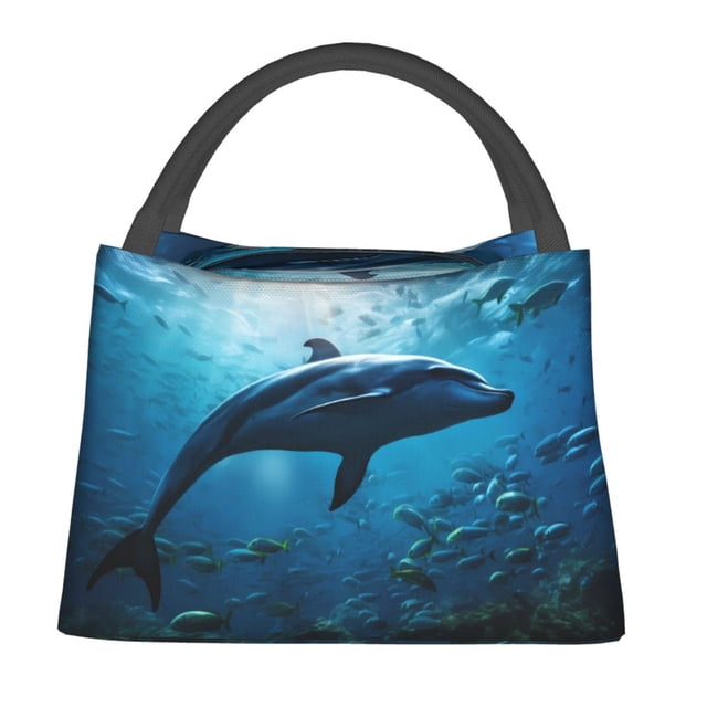 Fotbe Ocean Dolphin Fish School Bolsa Térmica Portátil con Estampado, Bolsa de Entrega de Alimentos Aislada, Bolsa Reutilizable de Gran Capacidad para Comidas y Supermercado