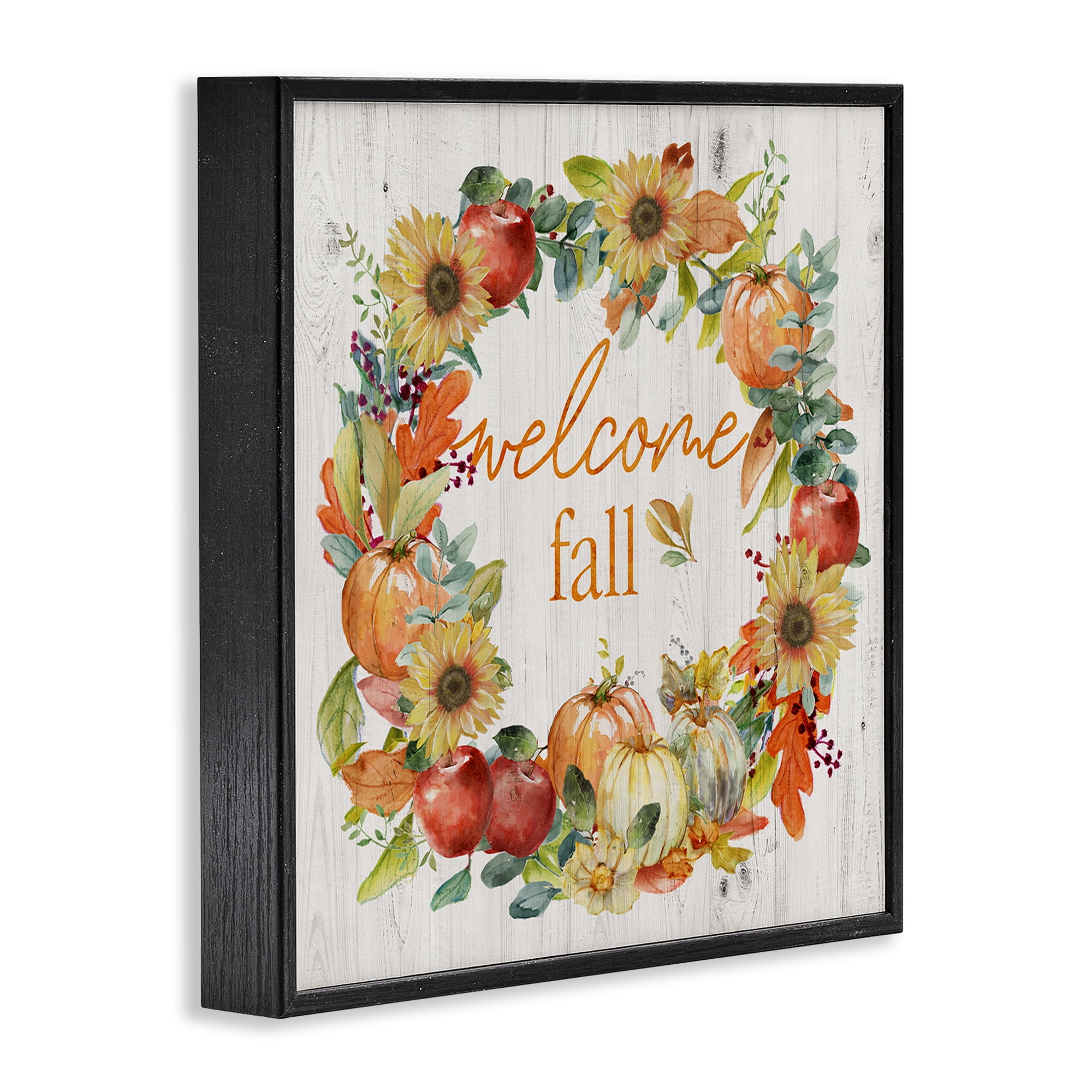 Stupell Industries Welcome Fall Pumpkin Wreath Botanical & Floral Painting Black Framed Art Prints Wall Art, 17 x 17