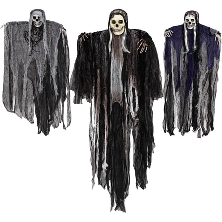 COSTYLE Set of 3 Hanging Skeleton Ghosts Grim Reapers Halloween Outdoor Decorations