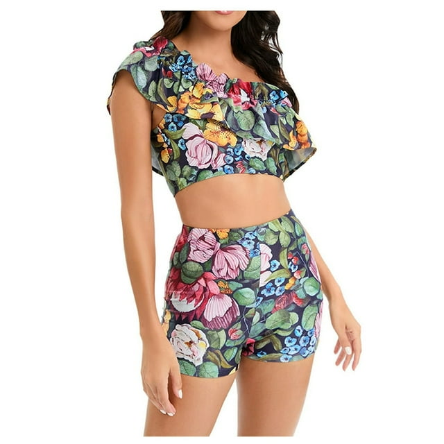 Womens Two Piece Swimsuits Ruffle One Shoulder Bathing Suit Floral Print Swimwear with Boyshorts