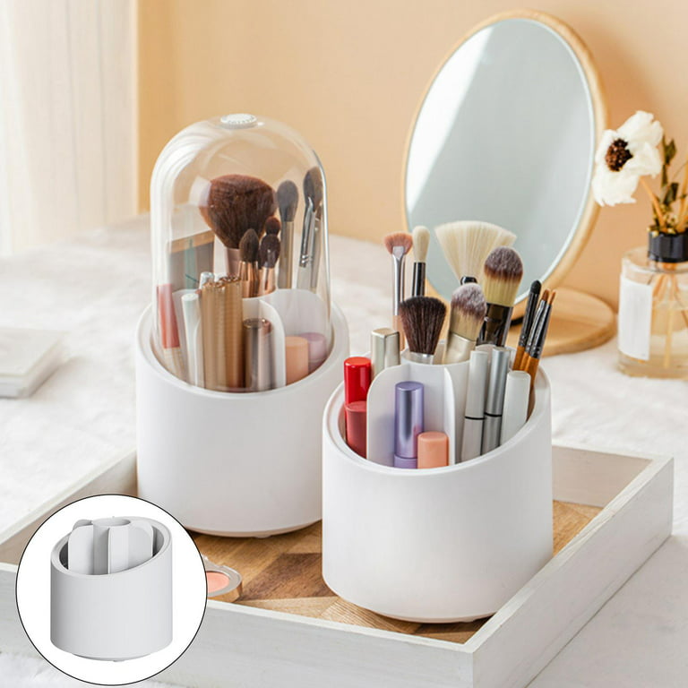 YIJU Simple Rotating Makeup Brush Holder 6 Slots Multifunctional Vanity Storage Box Container for Comb Nail Bathroom Rack, Size: 12x12x23.5cm, White