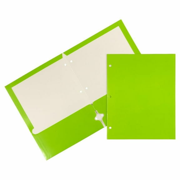 JAM Paper Laminated Two Pocket Glossy 3 Hole Punch School Folders, Lime Green, 3/Pack