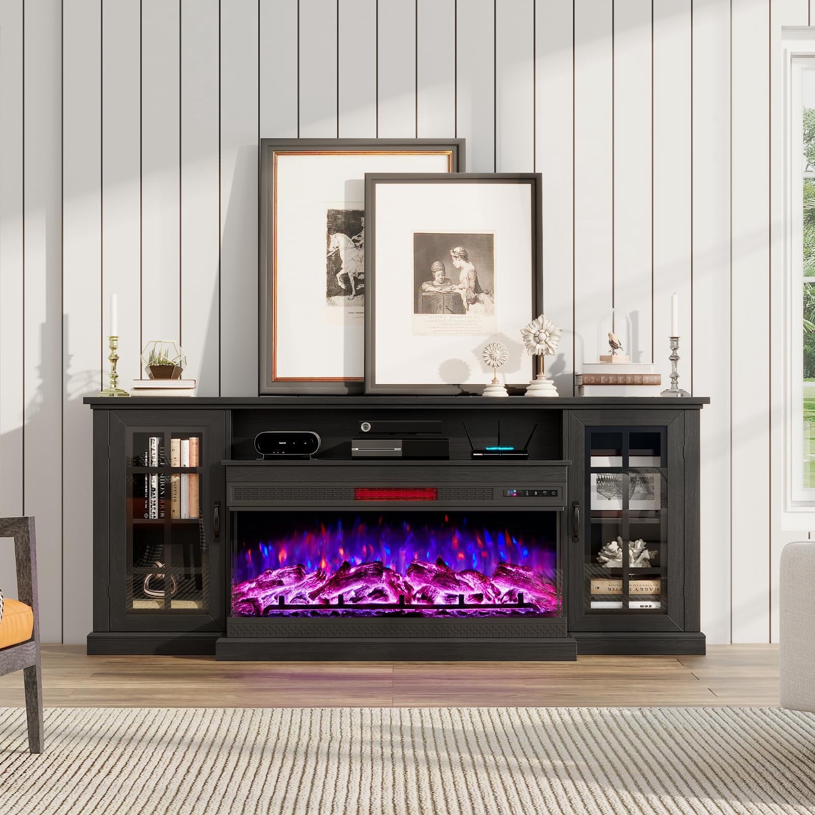 VANACC 75in 3-Sided Glass Fireplace TV Stand for TVs up to 85", Black