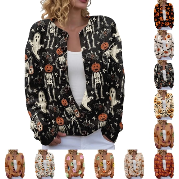 UDAUDU Halloween Cardigan Sweaters for Women Long Sleeve Cute Button Down Funny Holiday Pumpkin Ghost Sweater Vintage 2026 Fall Sweaters L