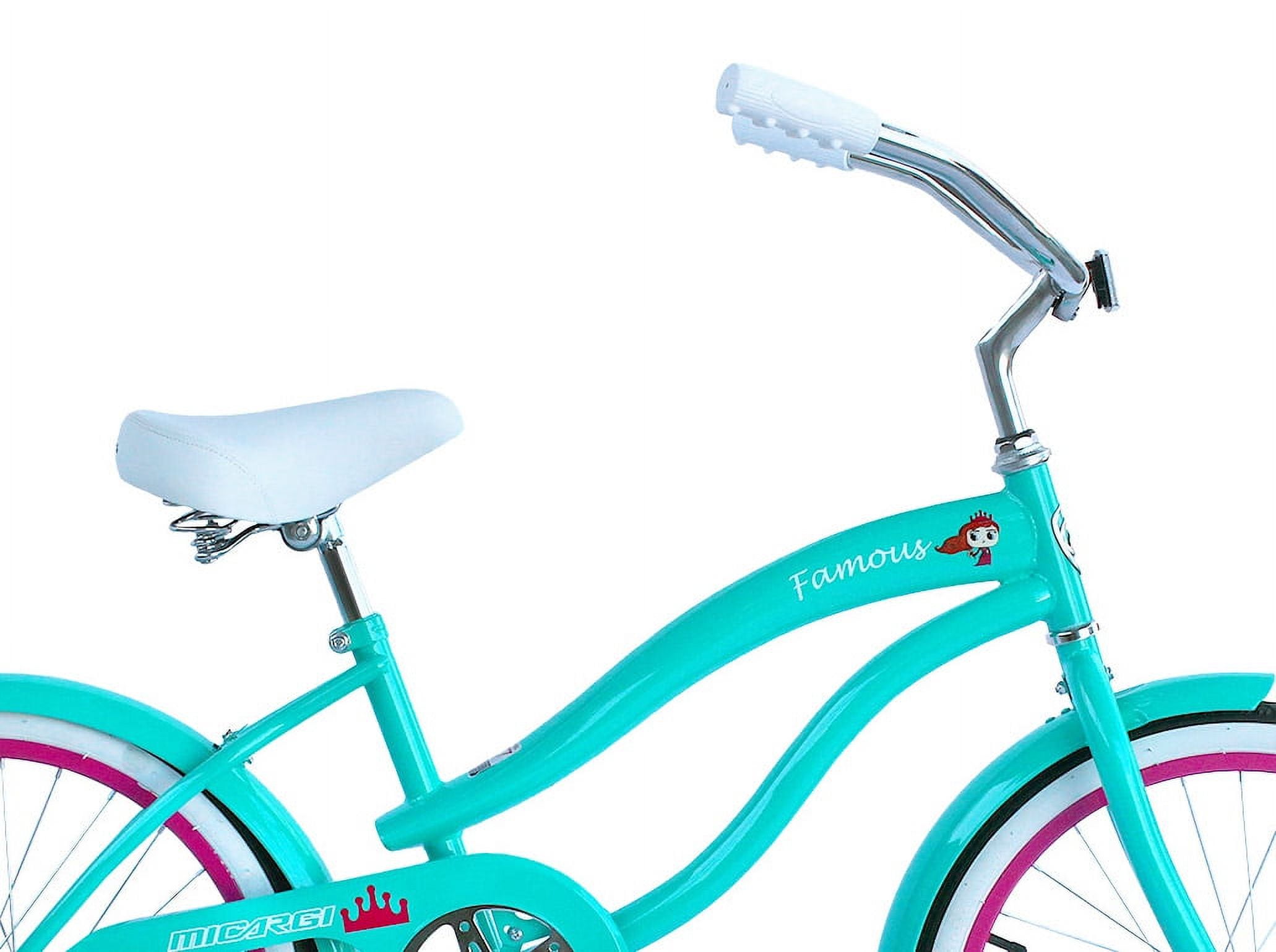 Wonder Wheels 20" Beach Cruiser Steel Frame Tiffany Blue, Coaster Brake, Alloy Rims Pink 36H, Stainless Steel Spokes, One Piece Crank, Tire White Wall, Seat & Grip White, Fender - Blue & Pink