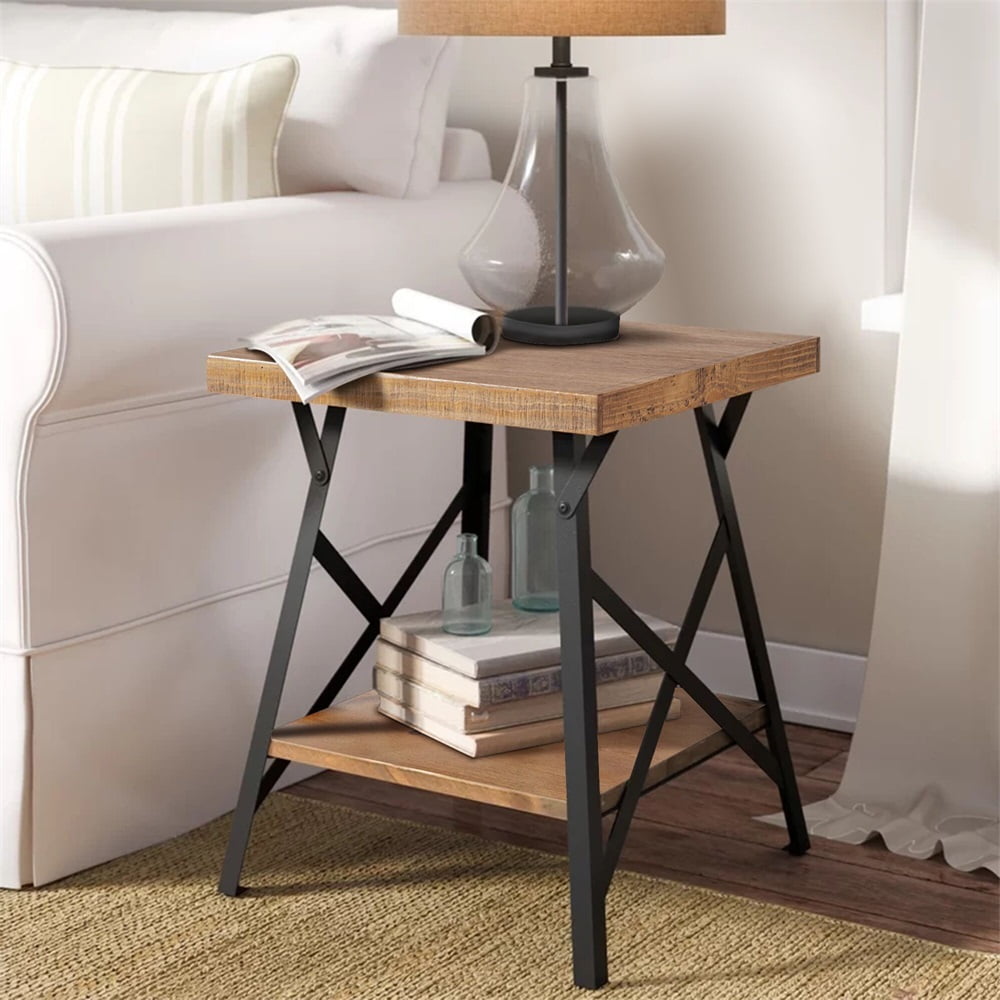Lowestbest Industrial End Table with Solid Wood Top and Metal Base, Brown Lowestbest Industrial End Table with Solid Wood Top and Metal Base, Brown