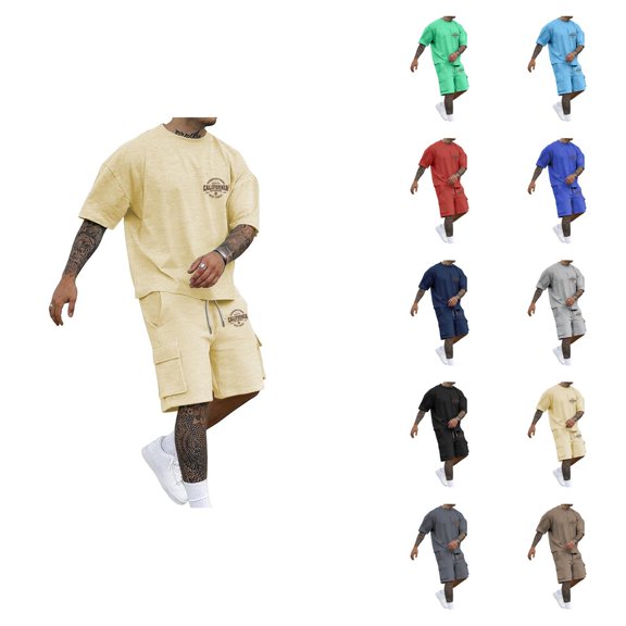 California Graphic Short Sets for Men Relaxed Fit Crewneck T Shirt and Cargo Shorts 2 Piece Matching Set Mens Summer Outfits
