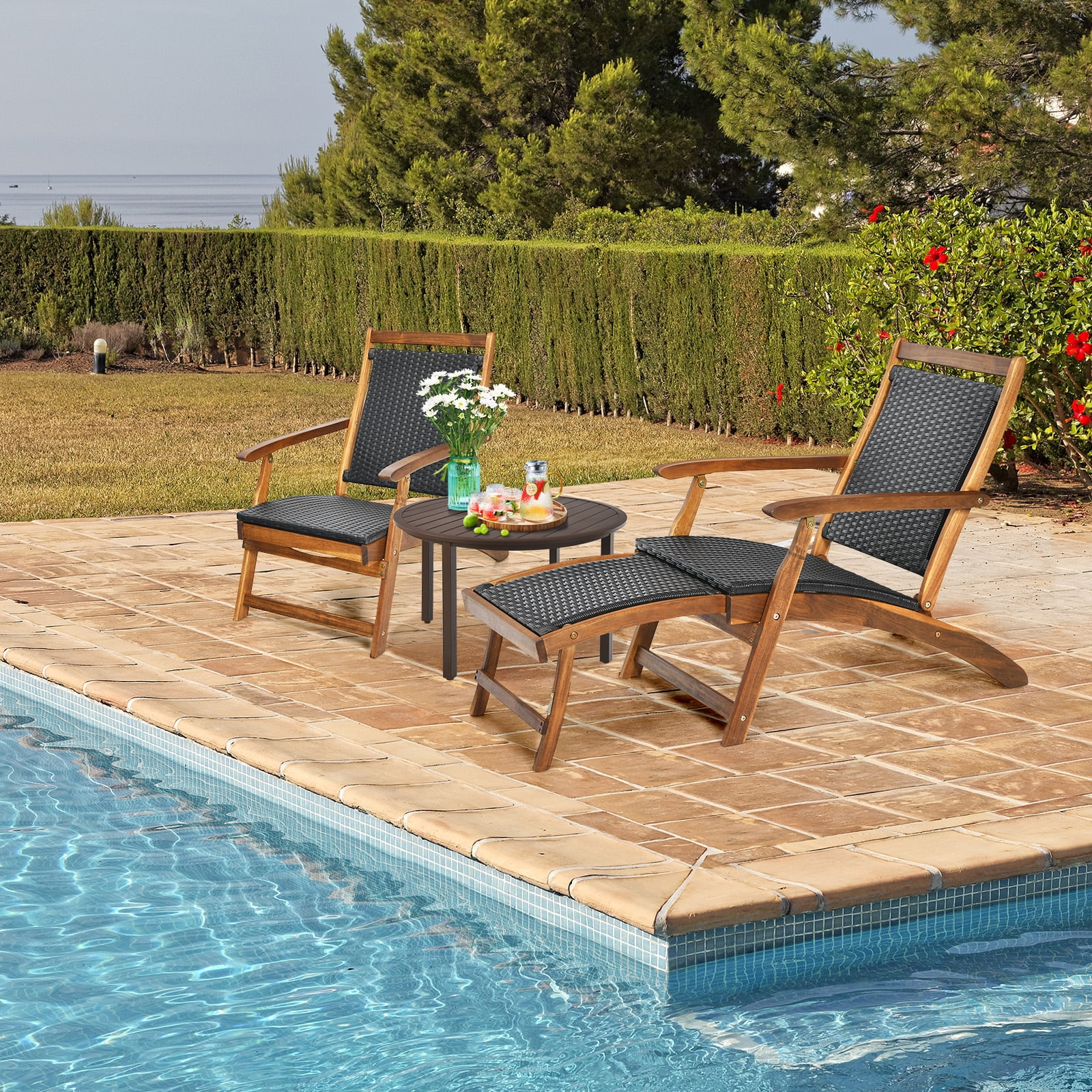 TOPBUY Patiojoy 1 2 PCs Patio Folding Rattan Chaise Lounge Chair Acacia Wooden Frame W Retractable Footrest for Poolside patio