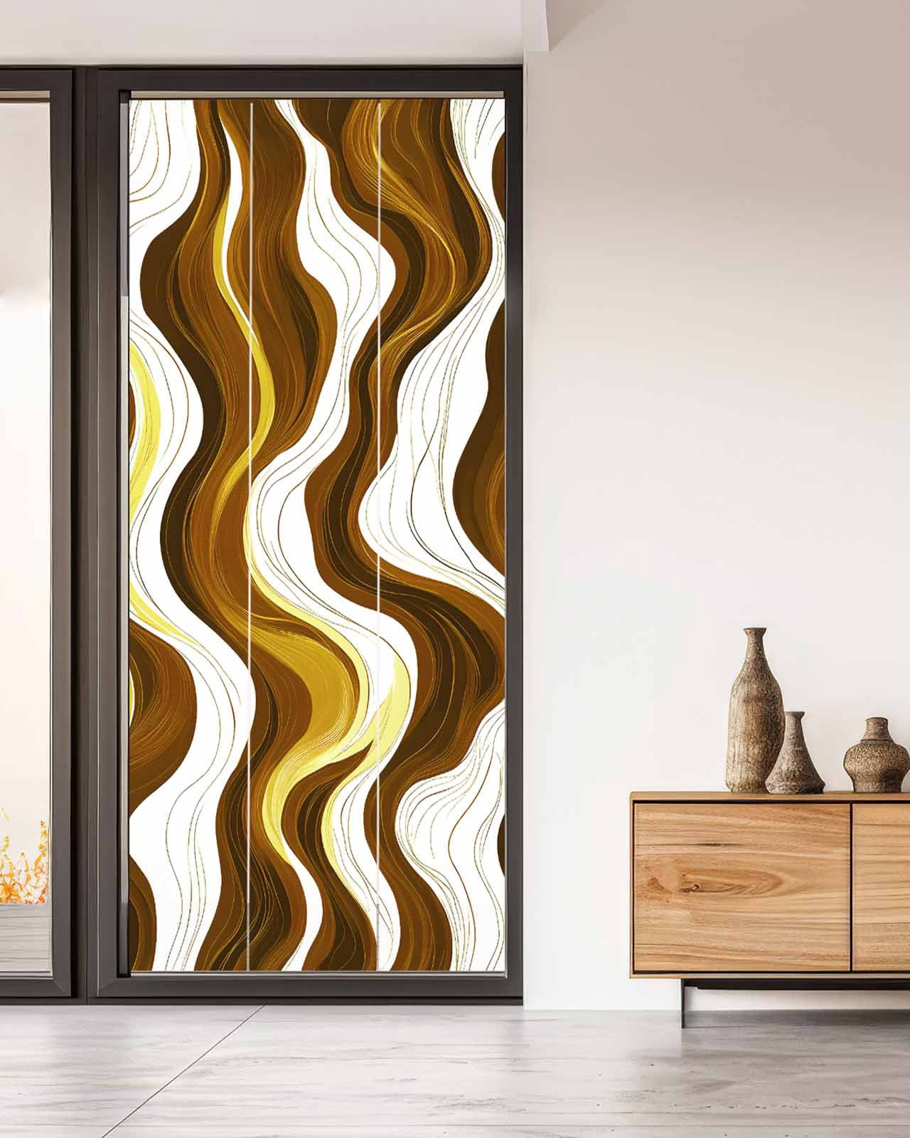 Window Privacy Film Brown Stripe Stained Glass Window Film Decorative Sun Block Window Cover Gold Geometric White Coastal Wave Modern Ocean Window Clings Static Sticker for Bathroom 35.4"x78.7"