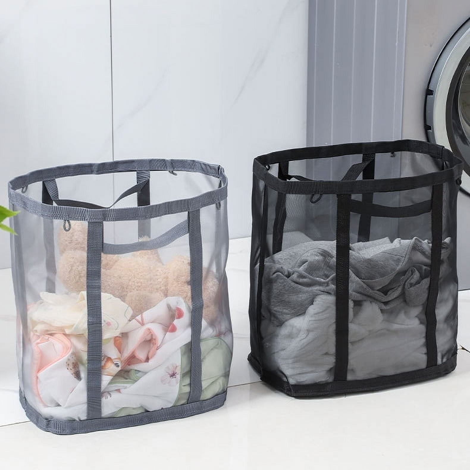 Mesh Bag with Handles, Collapsible Laundry Basket, Foldable Laundry Bag, Breathable Folding Beach Bag,Space-saving Travel Tote Bags,Black