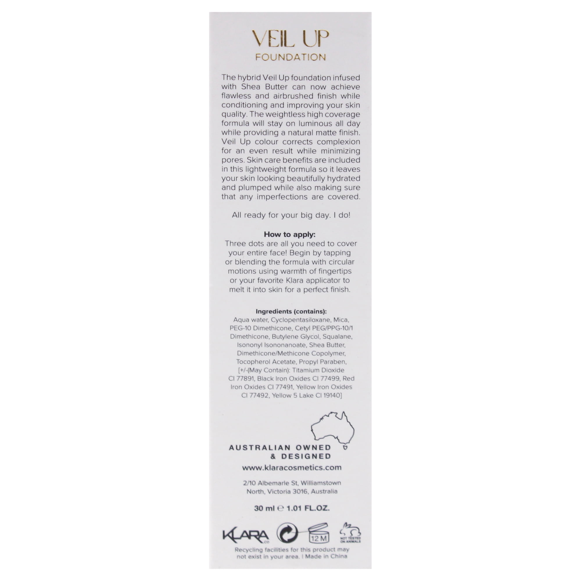 Klara Cosmetics Veil Up Foundation, Foundation Makeup, 08, 1.01 oz