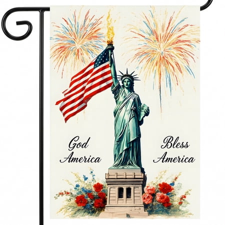 god bless america garden flag A statue of liberty holding an American flag with fireworks in the background. God Bless America America america decor 28x40 Inch Display Size outside decor