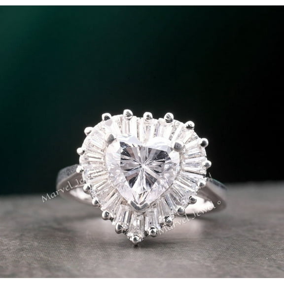 Heart Cut Diamond Engagement Ring, Perfect Proposal Ring For Her, Baguette Halo Diamond Wedding Anniversary Ring, 925 Sterling Silver, 2.3 Ct Simulated Diamond, Promise Ring