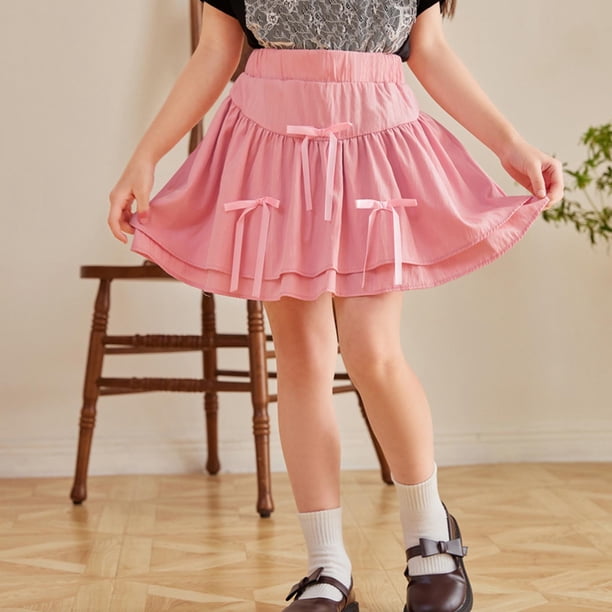 Falda para niña, color liso, con lazo, media falda, falda pastel para niña, falda plisada de cintura alta, media falda, falda de algodón para niña