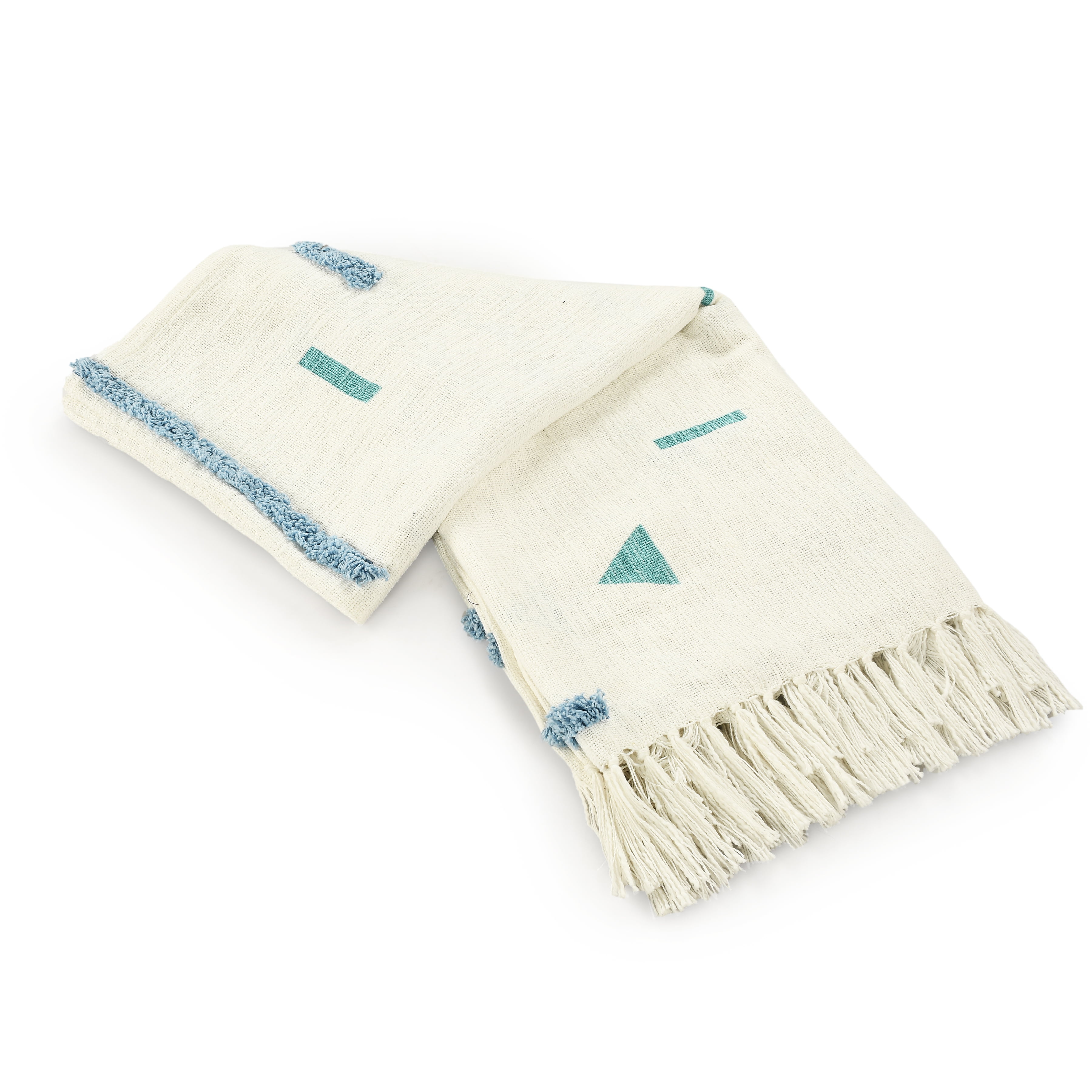 LR Home Cream/Blue Embroidered Geometric Adult Cotton Throw Blanket, 50" x 60"