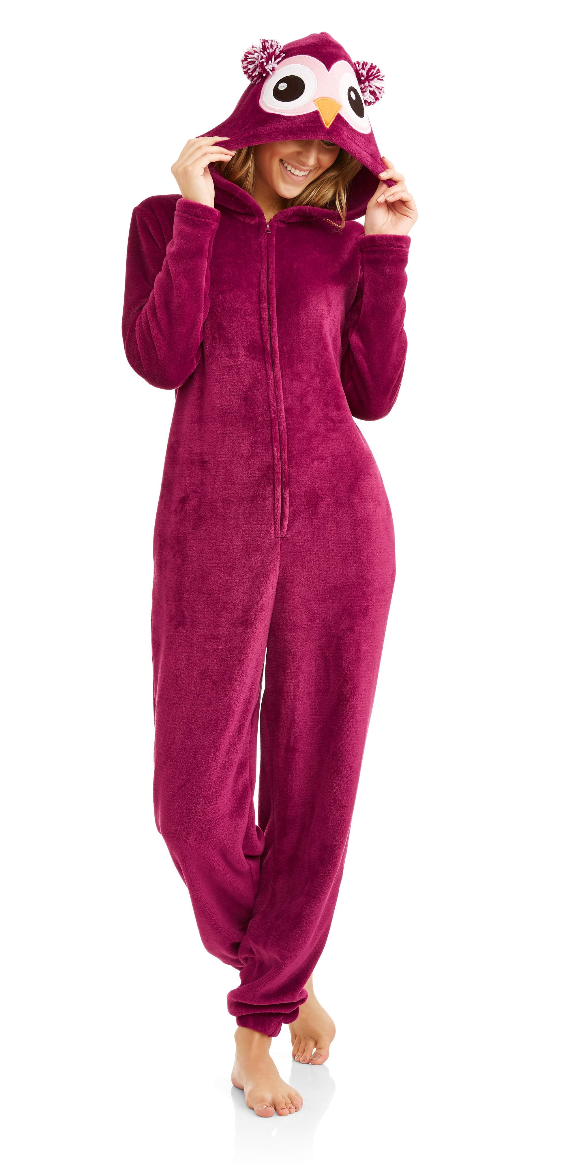 Women's Owl Pajama Union Suit Plush One Piece Sleepwear with Hood