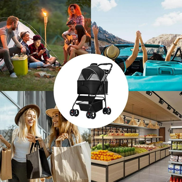 PWTOOL Folding Shopping Cart Foldable Grocery Pet Stroller Cart 66 Lb Capacity Pet Travel Carrier Strolling Cart with Canopy Basket 360 Degree Rolling