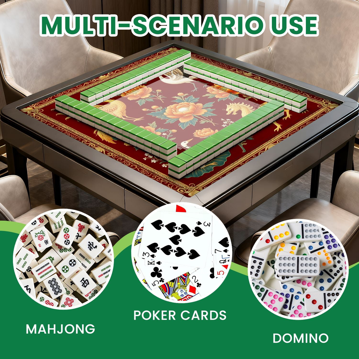 Mahjong Mat 31.5" x 31.5" Golden Crane Blossoming Peonies Ornate Floral Non-Slip Noise Reduction American Mahjong Tiles Table Cover for Dominoes Poker Card Board Games Gift