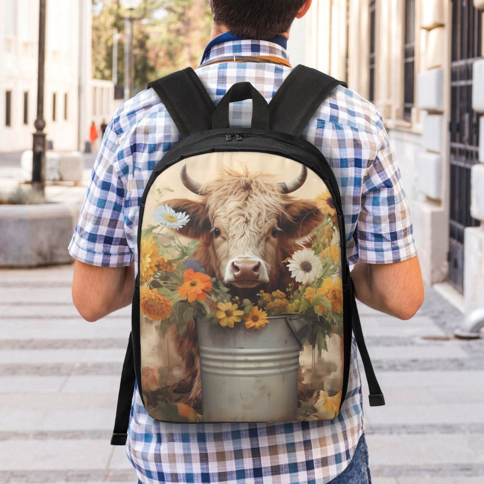 Xecao Bucket Flower Cow print Travel Backpack, Large Computer Backpack for Men Women, College School Rucksack Book Bag