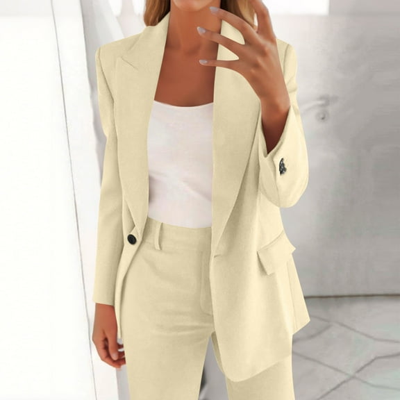 Dressy Business 2 Piece Sets for Women Fall Fashion Slim Long Sleeve Lapel Neck One Button Suit Jackets Fitted Out Work Solid Color Zip Trousers