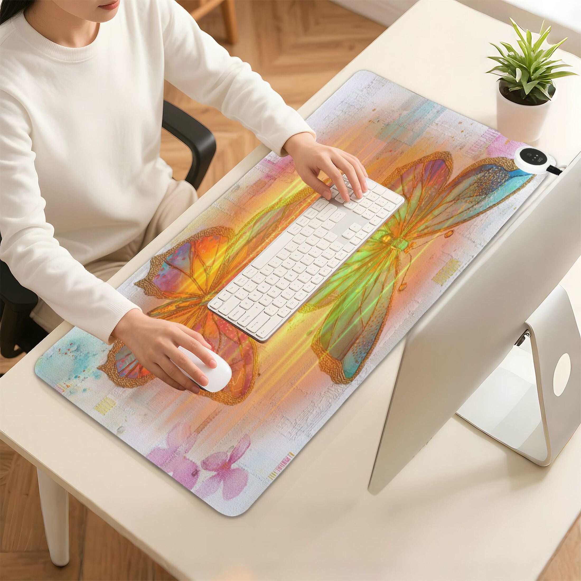 Wobogo Artistic Butterfly Heated Mouse Pad Extra-Large Desk Mat With 3 Heating Levels and 3-hour Auto Shut-Off Protection Ideal for Computer Keyboards Home Office Hand-warming Essential 31.5in × 13in