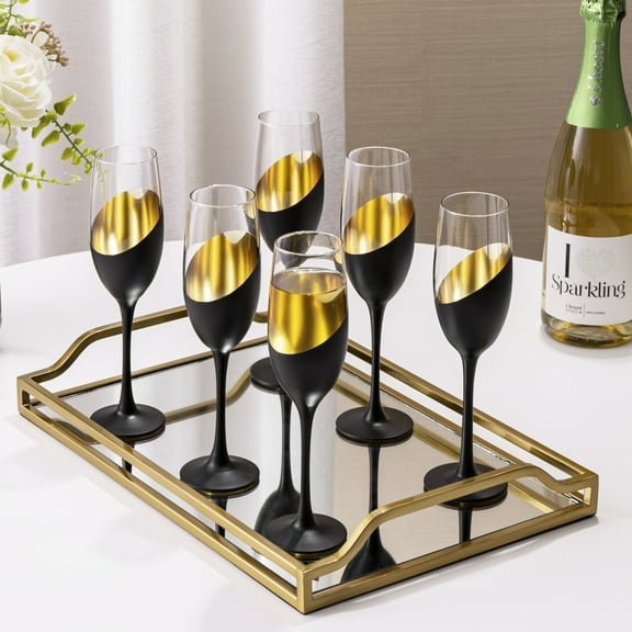 MyGift Set of 6 Matte Black & Gold Champagne Flute Glasses, 8 oz Stemmed Titled Design