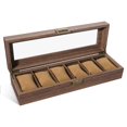 thumbnail image 1 of con 6 ranuras, caja con tapa de vidrio real, caja de almacenamiento de exhibición de reloj de cuero PU de grano de madera, 1 of 5