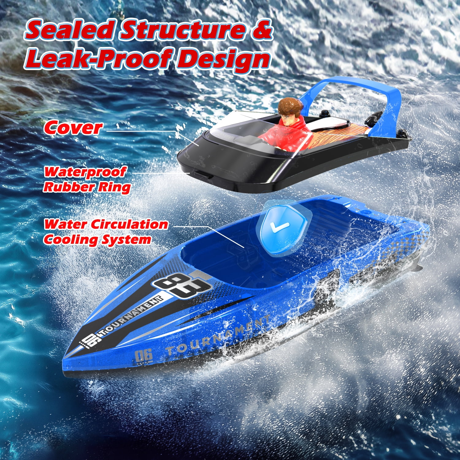 JoyStone 10 inch RC Boat with LED Lights for Adults and Kids - 2.4Ghz Remote Control Boat for Pool and Lakes, Dual Motor & Low Battery Alarm, Gifts for 8-12 Boys Girls(Blue)