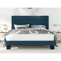 Allewie Full Size Platform Bed Frame with Fabric Upholstered Headboard, Navy Blue