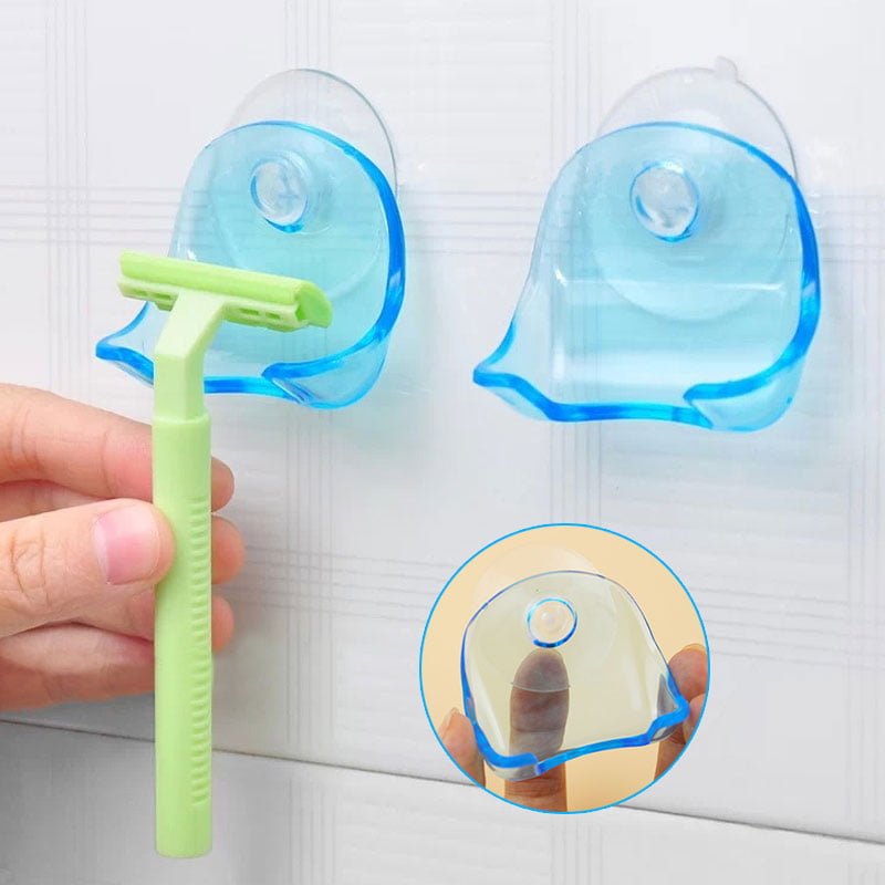 Plastic Clear Blue Super Suction Cup Bathroom Razor Holder Shaver Storage Rack 