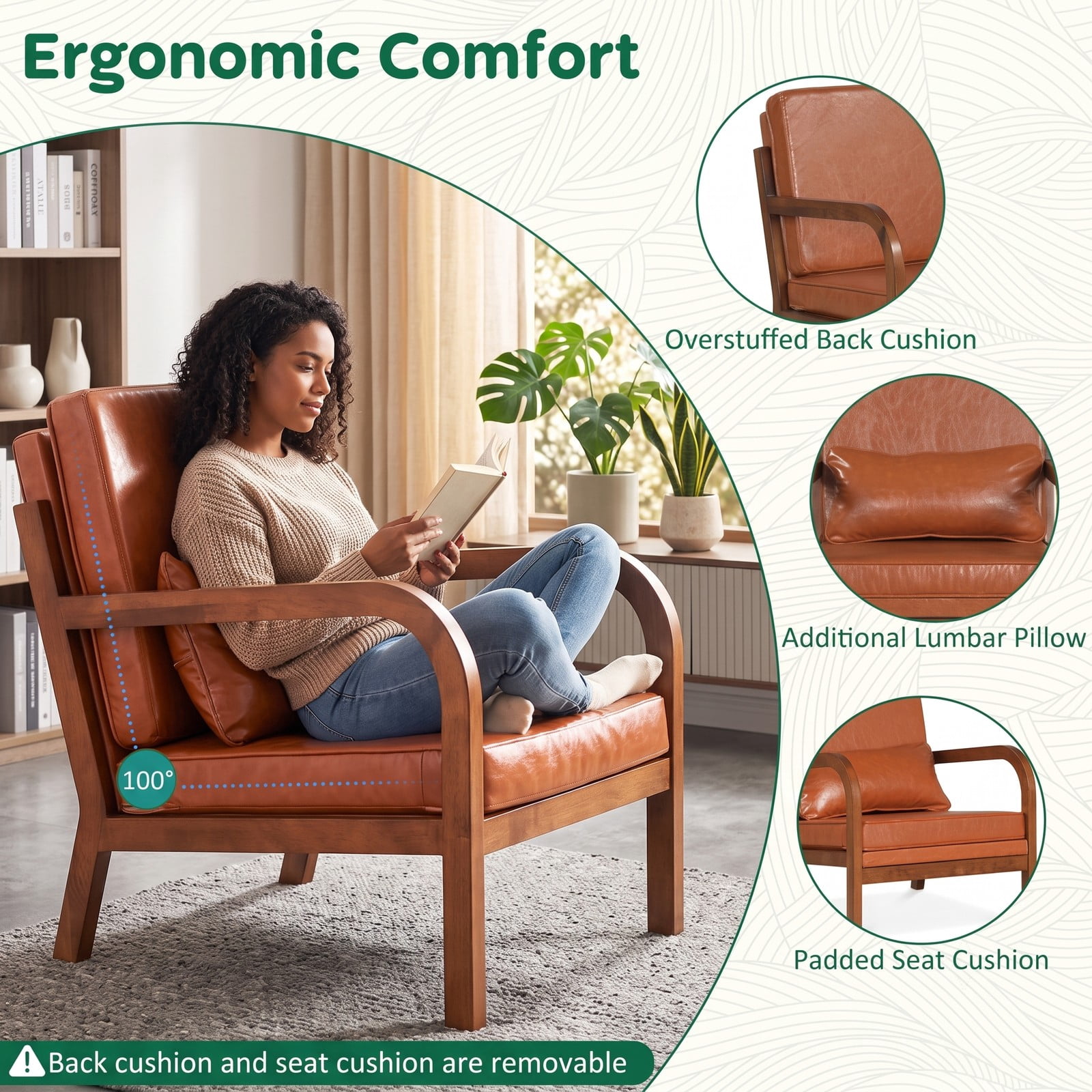 Furnibear Modern Accent Chair, Faux Leather Linen Fabric Upholstered Armchair with Removable Lumbar Pillow, Rubber Wood Frame Single Sofa Chair for Living Room, Brown