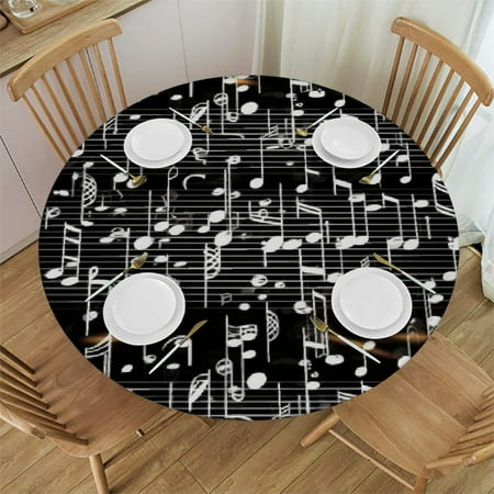 

Round Edge Closing Tablecloth Black Decor Elastic Edged Tablecloth Abstract al Notes and Clef Sheet Pattern Fit Round Tables