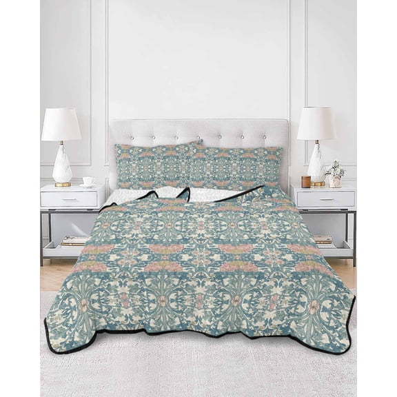 Quilts Twin Size, Teal Pink Soft Comforter Bedding Set for Bed, Vintage Floral Watercolor Boho Ethnic Lightweight Quilted Bedspread with Pillow Cover(2 Pieces) for All Season, 68x86 Inch