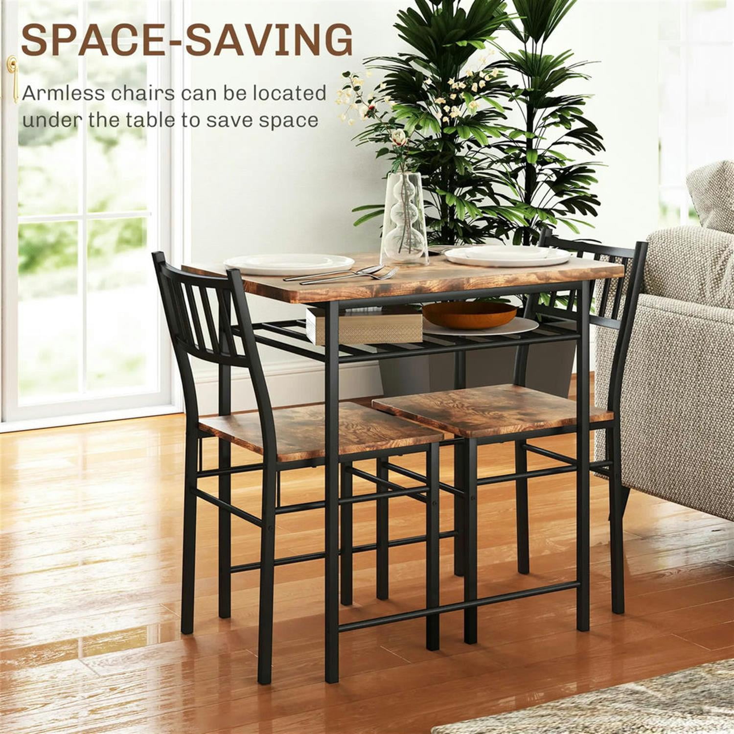 Demi Bonn 3 Piece Dining Table Set for Small Spaces with Storage Rack and Steel Frame, Kitchen Table and Chairs for 2 Dining Room Set with 2 Chairs, Brown