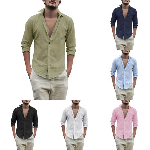 Trendfront Mens Deep V Button Down Shirts Open Collar Long Sleeve Solid Color Design Roll Detail Casual Summer Dress Shirt Tops