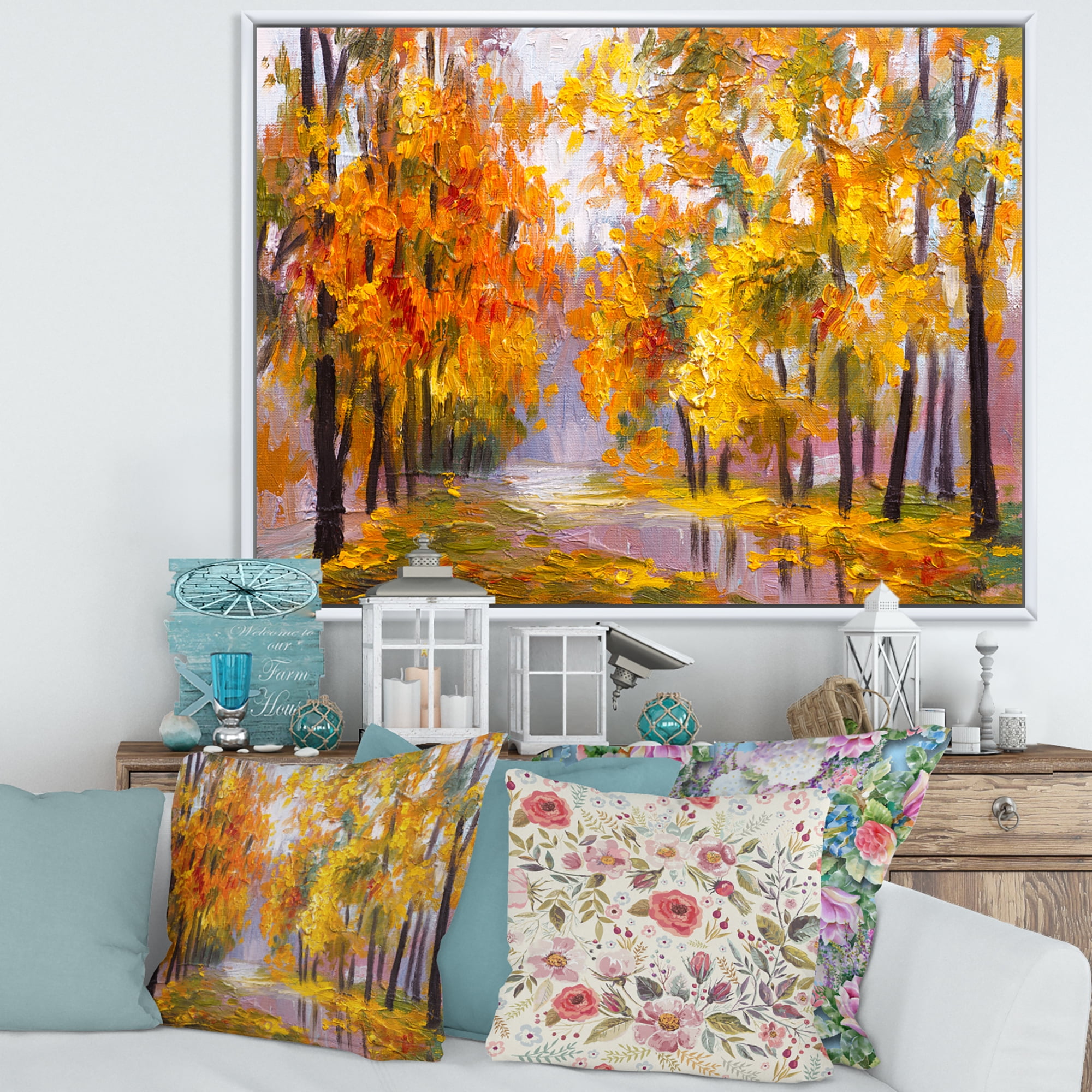 Forest Full Of Fallen Leaves In Autumn Along River 20 in x 12 in Framed Painting Canvas Art Print, by Designart
