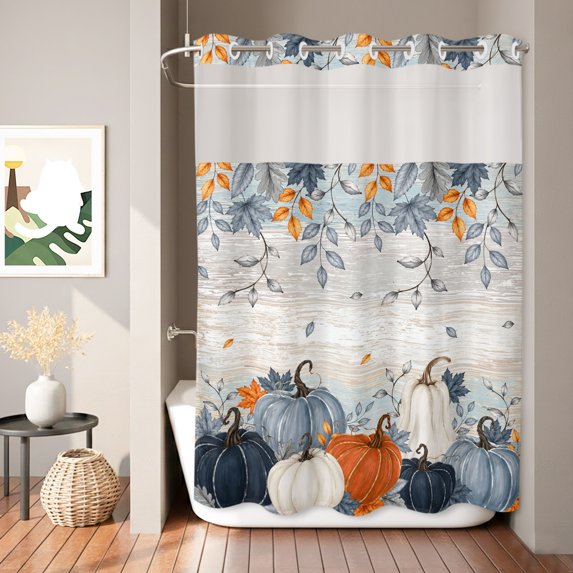No Hook Shower Curtain, Orange Blue Pumpkin Fall Shower Curtains for Bathroom with See Through Top Window, Thanksgiving Botanical Vintage Waterproof & Washable Bath Curtain 60"x72"