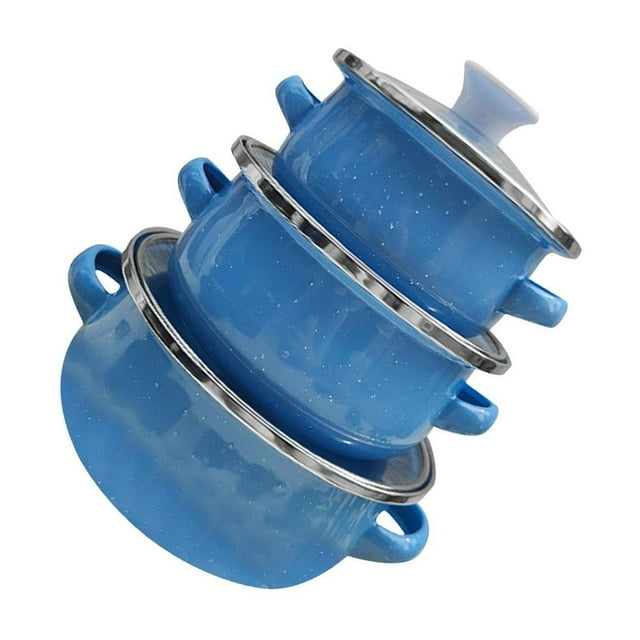 jesticaly 3Pcs Enamel Mini Pot Set Universal blue Enamel Portable Cookware light Cooking Set Home light blue