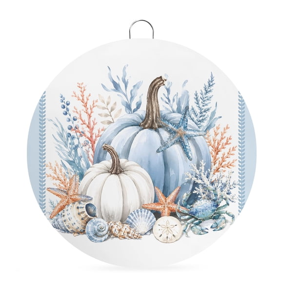 Welcome Sign for Front Door, Coastal Fall Round Metal Wall Art Wreaths, Thanksgiving Blue Pumpkins Coral Starfish Outdoor Indoor Wall Hanging Sign for Porch Decor Housewarming Gifts 7.9 Inch