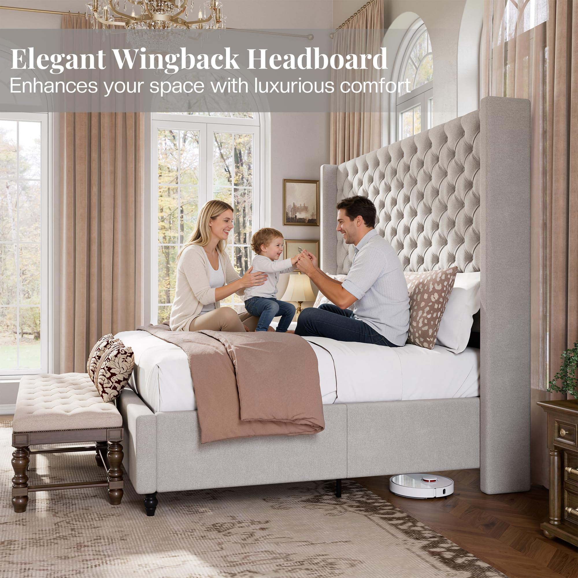 Amerlife King Size Bed Frame with 65" Tall Headboard, Upholstered Wingback Platform Design, Solid Wood Legs, Grey