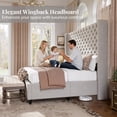 thumbnail image 4 of VanAcc King Size Bed Frame with 65" Tall Headboard, Upholstered Wingback Platform Design, Solid Wood Legs, Grey, 4 of 9