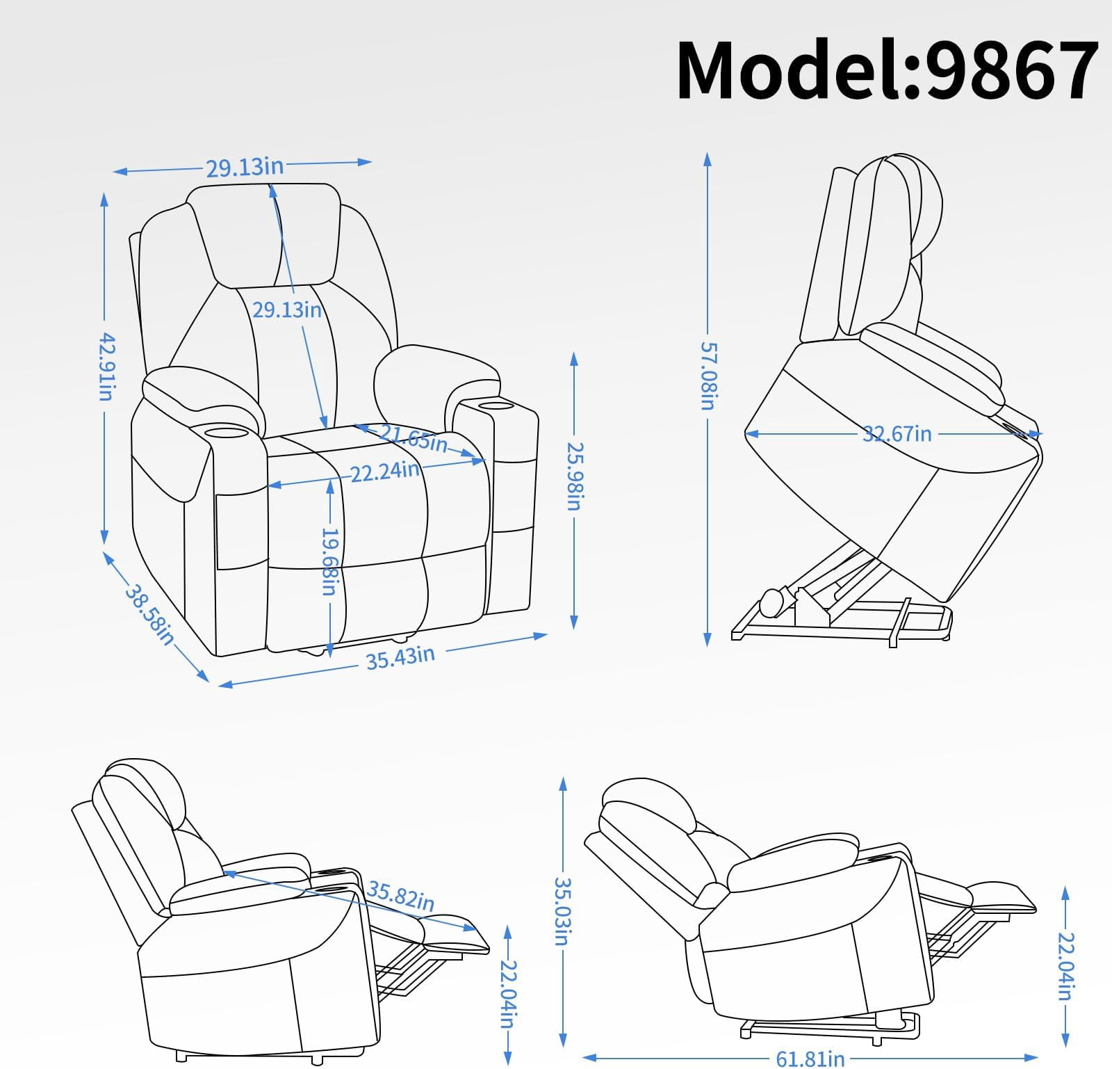 Power Lift Recliner Chair, Electric Lift Recliner for Elderly Reclining Chair with Vibration Massage and Lumbar Heating, Single Sofa with Charging Ports Cup Holders