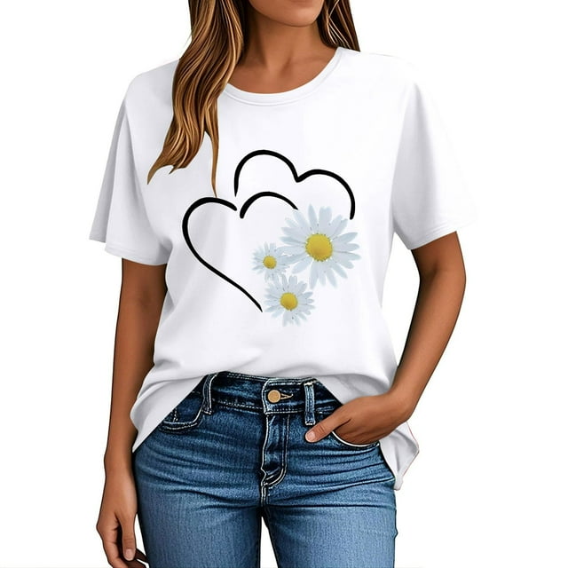 Pisexur Hauts pour Femmes T-Shirt Graphique de la Saint-Valentin - Col Rond Manches Courtes Imprimé Blanc,m