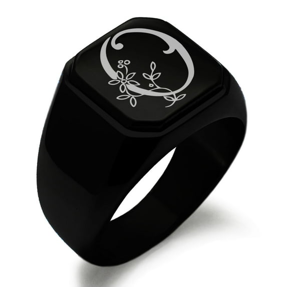 Stainless Steel Letter O Initial Floral Monogram Engraved Engraved Square Flat Top Biker Style Polished Signet Ring