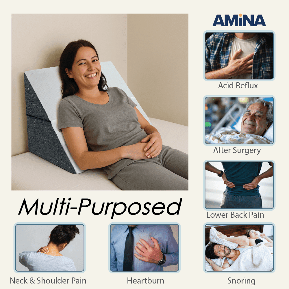 AMiNA Bed Wedge Pillow - for Sleeping, Gerd, Acid Reflux, Sleep Apnea, Post Surgery, Back Support, C-Section, Portable, Easy to Clean Washable Cover (Gray & White, 10 Inch)