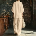 thumbnail image 5 of Cotton Linen Sets for Women 2 Piece Batwing Sleeve V Neck Shirts and Wide Leg Pants Set Casual Outfit,Beige XXL, 5 of 5