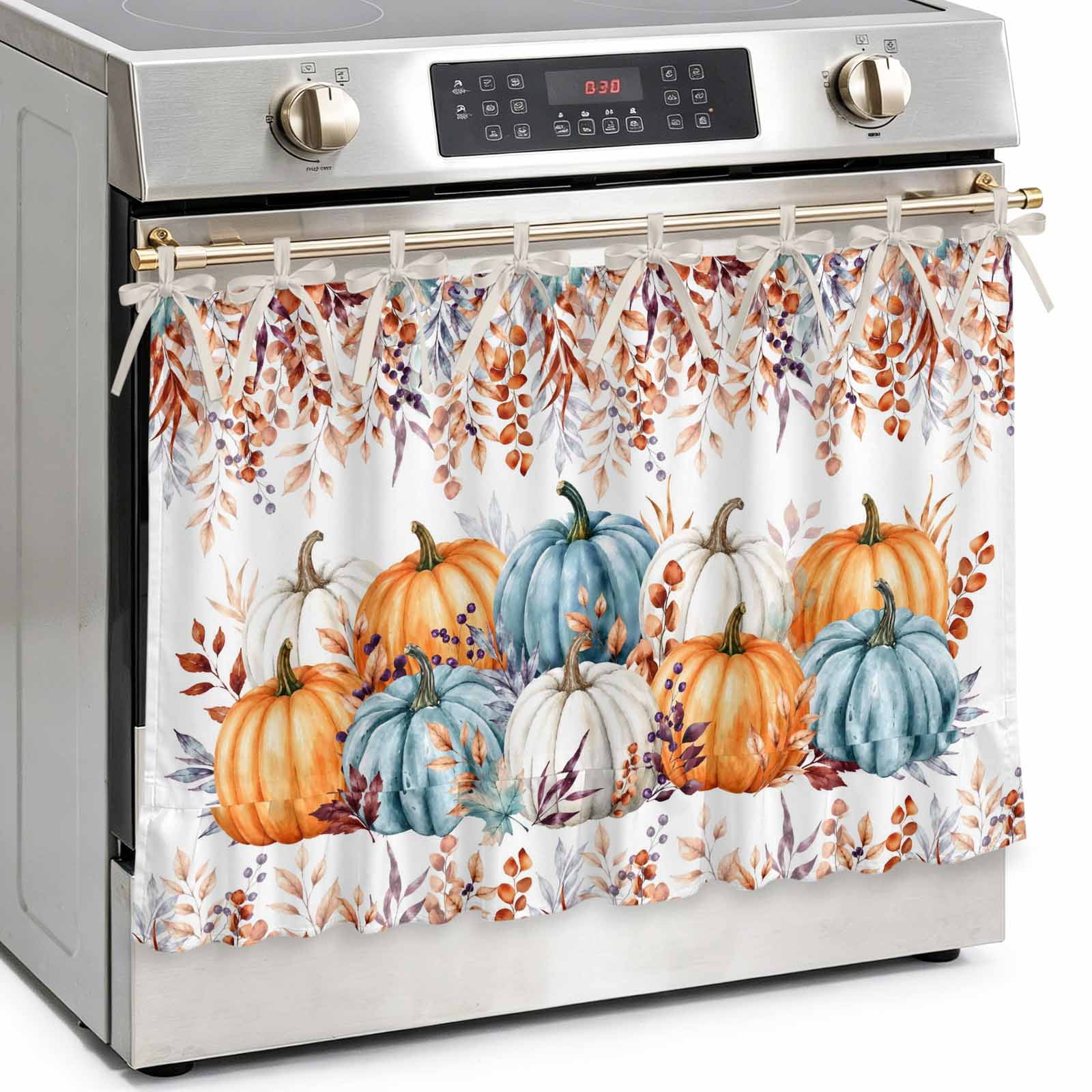 Fall Pumpkin Oven Skirt Curtain Kitchen Stove Skirt Cover with Tie Top Thanksgiving Botanical Autumn Eucalyptus Decorative Cabinet Cover Dishwasher Curtain for Farmhouse Decor 27x20 Inch